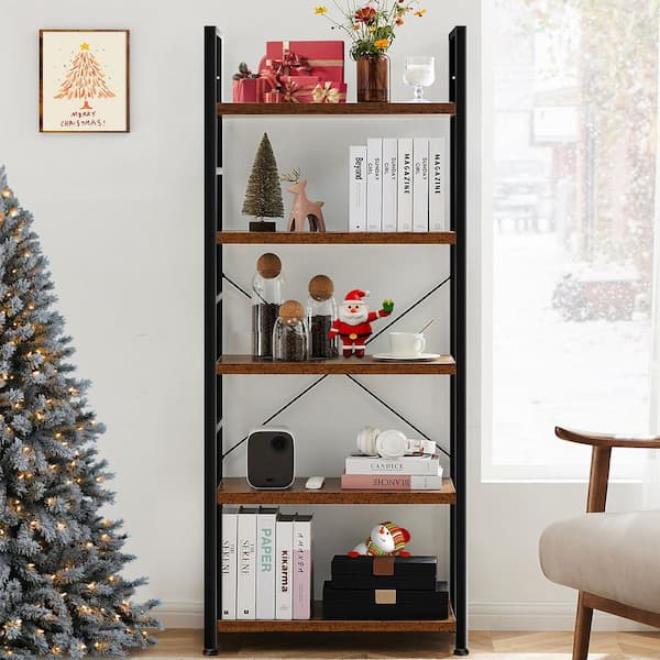 WONDER COMFORT Industrial 62 in. Tall Rust Brown Metal 5-Shelf Bookcase Corner Storage Organizer Bookshelf for Home Office