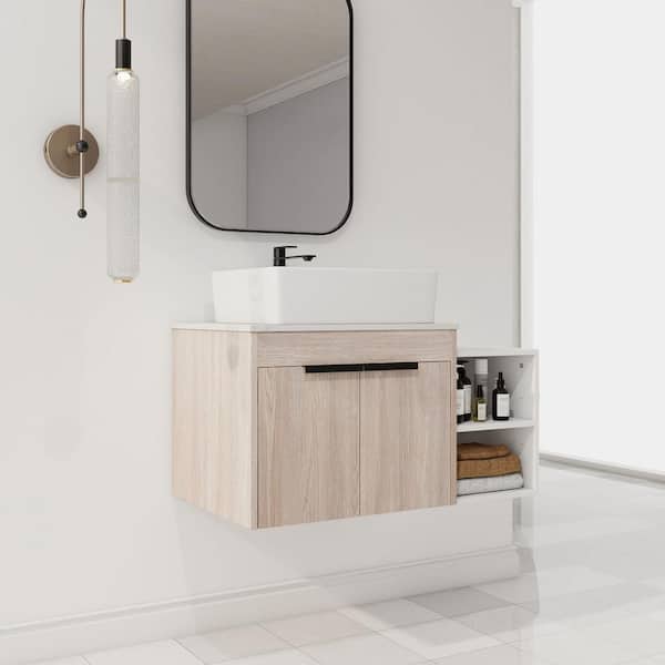 24 in. W Floating Bath Vanity in White Oak with White Ceramic Basin Top in White with Sink and Storage Shelves