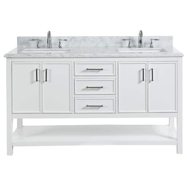 TILE & TOP Uptown 60 in.W x 22 in.D x34.75 in.H Bath Vanity in Dove White with Carrara Marble Vanity Top in White with White Basin