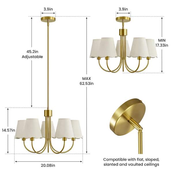 KAISITE 5-Light Indoor Light Luxury Style Gold Arm Fabric Shade