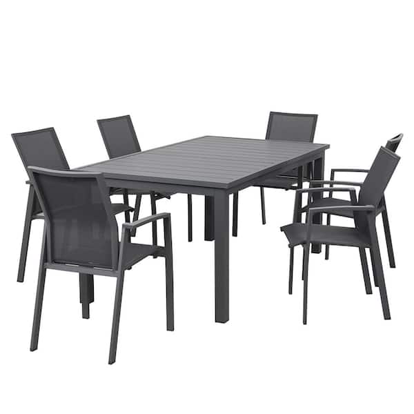 Unbranded Dark Gray 7-Piece Aluminum Rectangle Expandable Table Outdoor Dining Set w/Arms Texilene Mesh Fabric Seats And Backrests