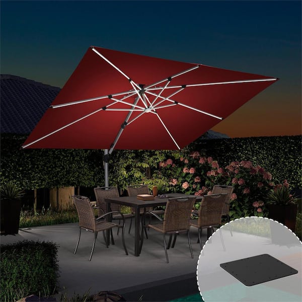 PURPLE LEAF 9 ft. x 12 ft. Aluminum Solar Powered LED Patio Cantilever Offset Umbrella with Base Plate, Terra