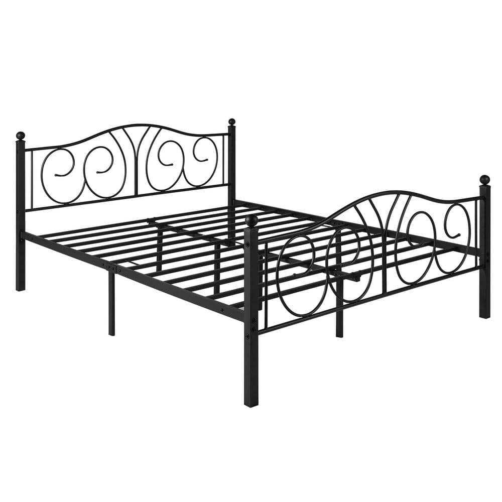 Victorian Black Metal Queen Platform Bed Frame with Headboard and Footboard