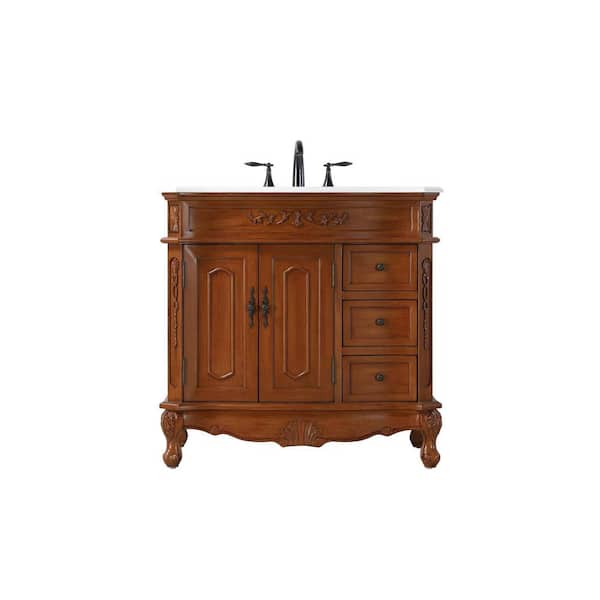 36 in. Single Sink Freestanding Teak Bath Vanity with Ivory White Engineered Marble Top