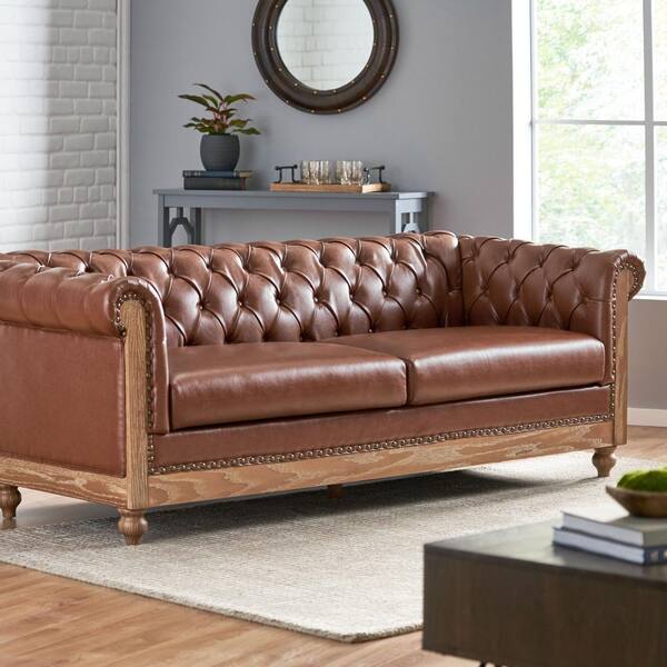 Glencoe 78.75 in. Flared Arm Faux Leather Straight 3 Seaters Sofa with Nailhead in Cognac Brown and Natural