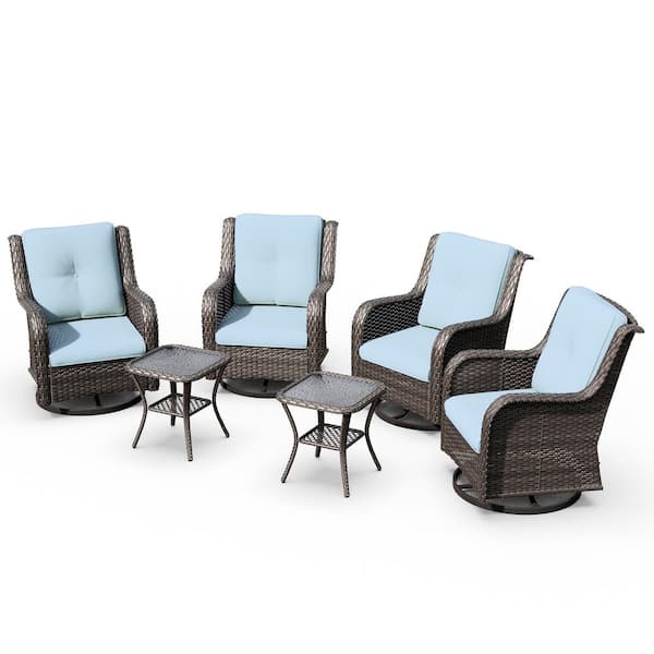6-Piece Swivel Wicker Patio Conversation Set Rocking Chairs with Light Blue Cushions