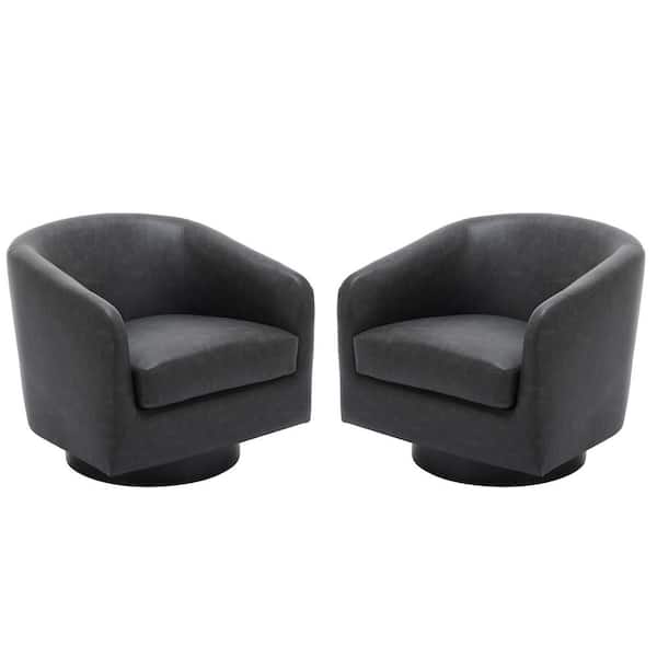 Black PU Leather Upholstered 360° Swivel Accent Barrel Chair with Wood Frame (Set of 2)