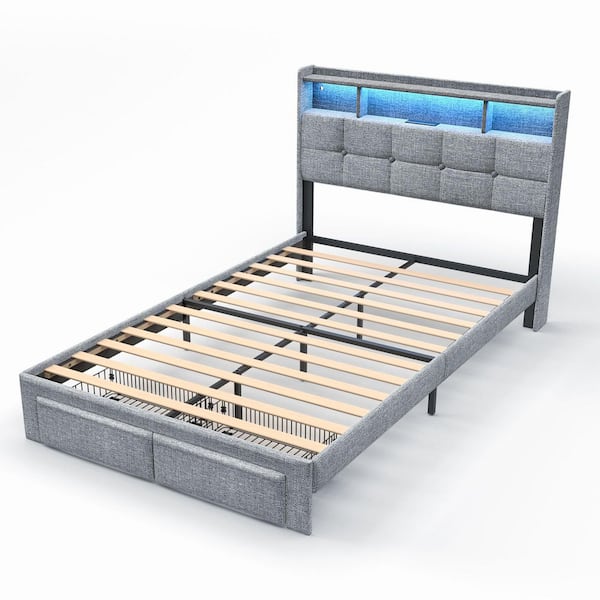 Light Gray wood Frame Full Size Upholstered Platform Bed with LED Lights, Charging Station, Headboard and 2-Drawers