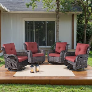 4-Piece Brown Wicker Outdoor Swivel Glider Chair with Red Cushions and Curved Armrest/Rocking Chairs for Patio/Porch