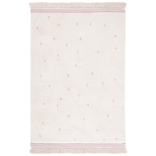 SAFAVIEH Easy Care Ivory/Pink Doormat 3 ft. x 5 ft. Machine Washable Polka Dot Border Solid Color Area Rug