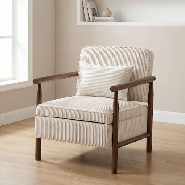 Davina Modern Antique White Corduroy Upholstered Accent Arm Chair with Pillow, Storage Seat