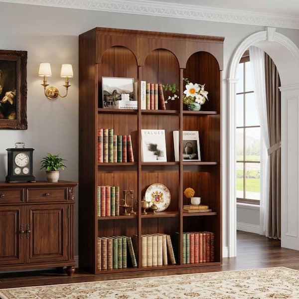 Eulas 71.26 in. Tall Walnut Brown 5-Tier Wood Bookcase, Mid-Century Modern Freestanding BookShelf for Living Room