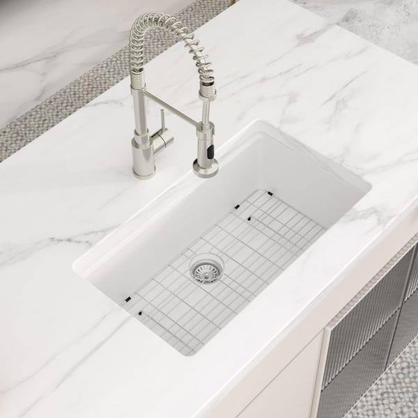 33 in. Undermount Sink White Granite/Quartz Composite Single Bowl Workstation Kitchen Sink with Bottom Grid