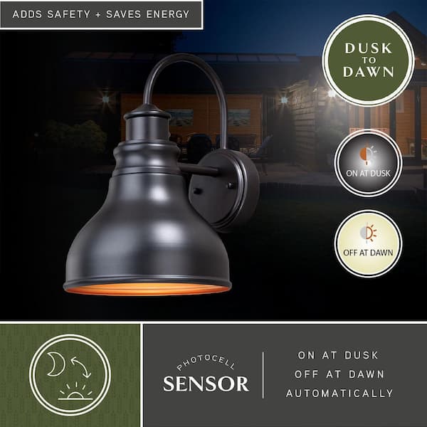 Delano 1-Light Dusk to Dawn Bronze Gold Farmhouse Barn Dome Outdoor Wall Lantern Sconce