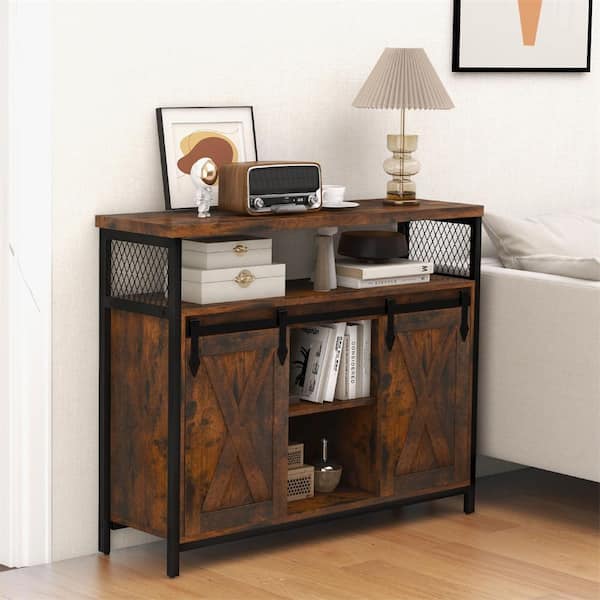 Brown Wood 39.5 in. Buffet Cabinet with Farmhouse Coffee Bar Cabine and 3-Level Adjustable Shelves Sliding Barn Doors