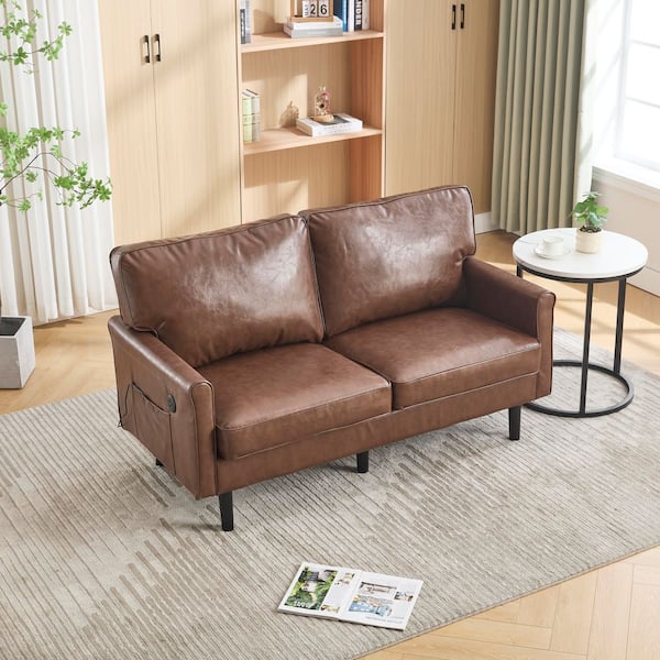57 in. Mid Century Modern PU Loveseat Sofa with USB and Removable Pillow Cover in Brown