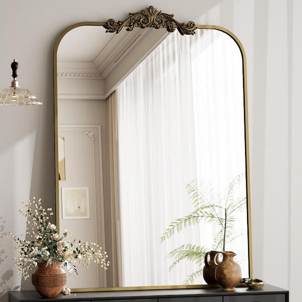 XRAMFY 30 in. W x 40 in. H Modern Rectangular Rounded-Top Brown Metal Framed with Carved Decoration Vanity Wall Mirror