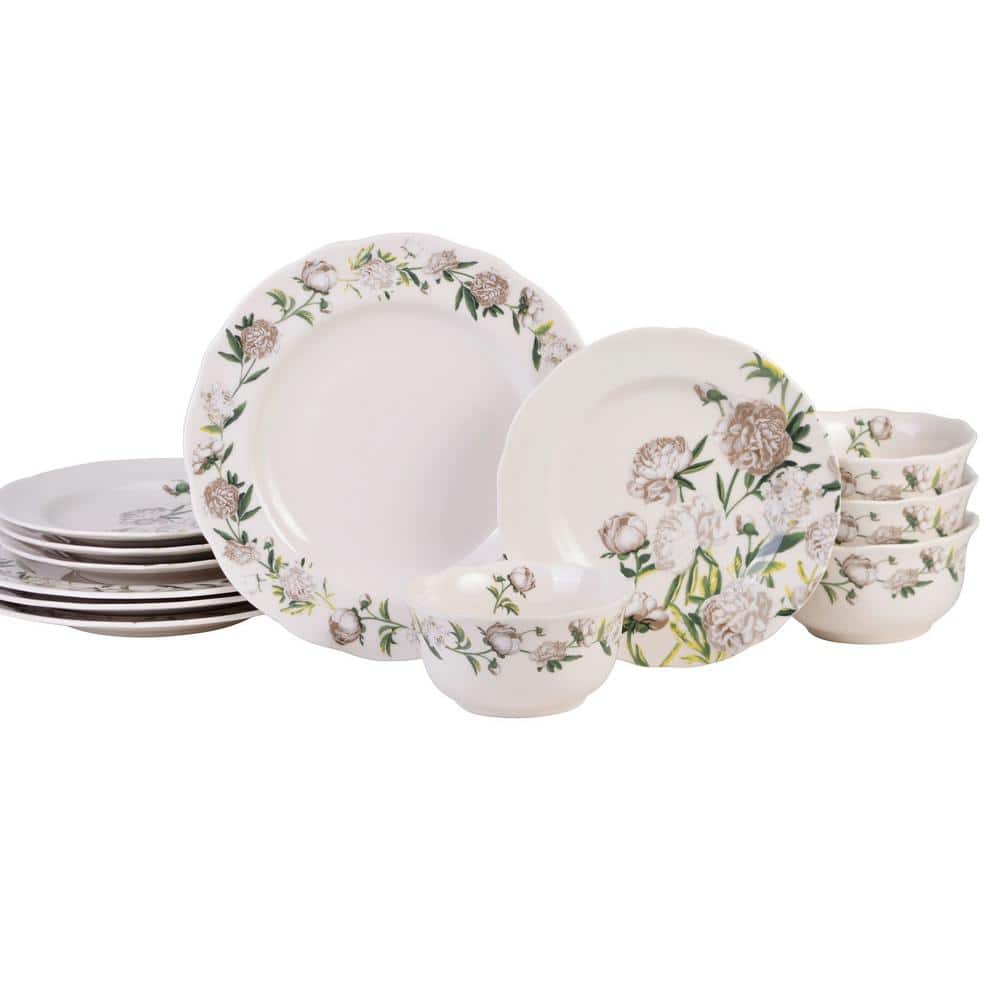 Luxe Peony Neutral Porcelain 12-Pieces Dinnerware Set