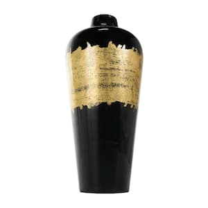 16 in. Black Abstract Metal Decorative Vase with Gold Detailing