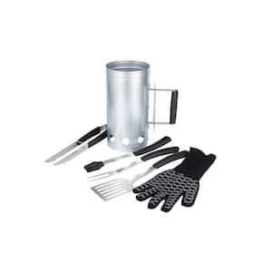 Aluminized Steel Charcoal Chimney 6pc Value Set with Spatula, Basting Brush, BBQ Fork, Tongs and Heat Resistant Glove