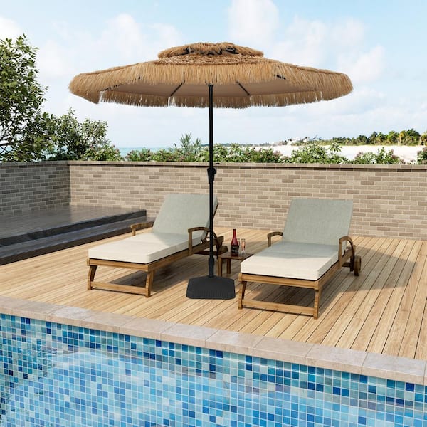 9 ft. Thatched Tiki Beach Umbrella 2-Tier Patio Umbrella with Crank and Square Umbrella Base in Natural Color