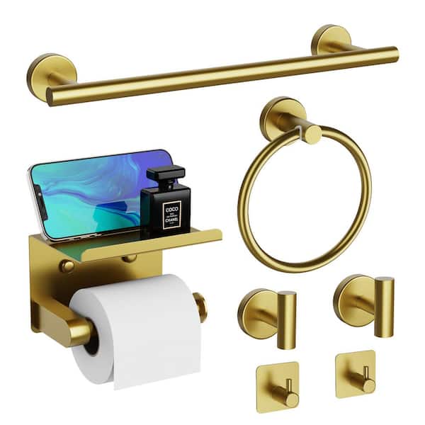 7-Piece Round Bath Hardware Set with Towel Bar, Toilet Paper Holder, Towel Ring and Towel Hooks in Brushed Gold