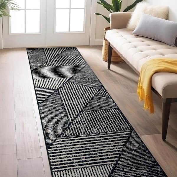 Contemporary Distressed Geometric Area Rug Black 2 ft. 3 in. x 8 ft. Runner Rug