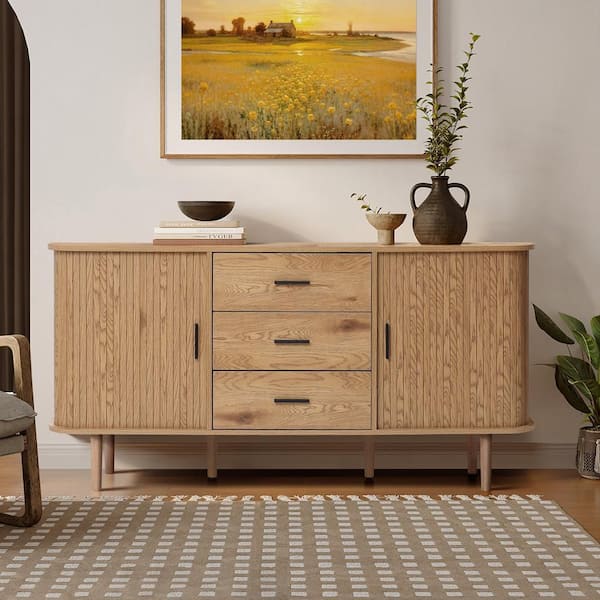 Oak Finish MDF Wood 3-Drawer 29.53 in. H Sideboard Cabinet with Sliding Doors and Rounded Corners