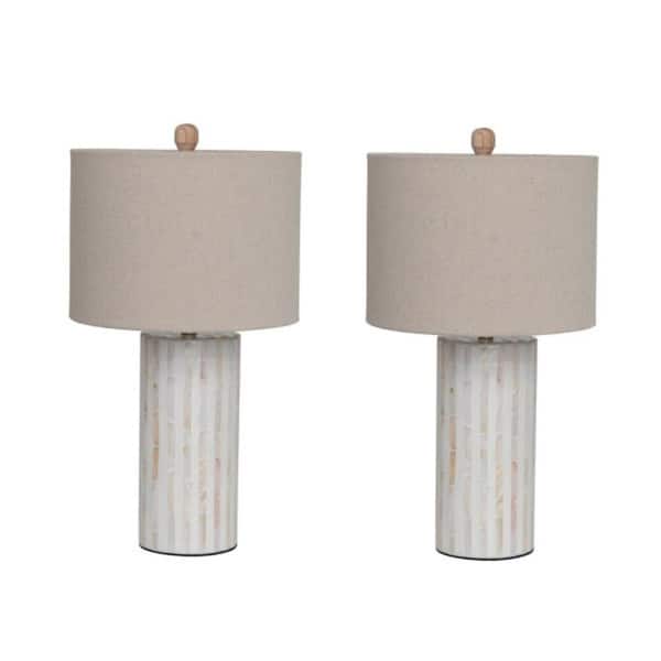 3R studios 20.67 in. White Cylinder Bedside Lamp Set and Capiz Seashell Base (Set of 2)