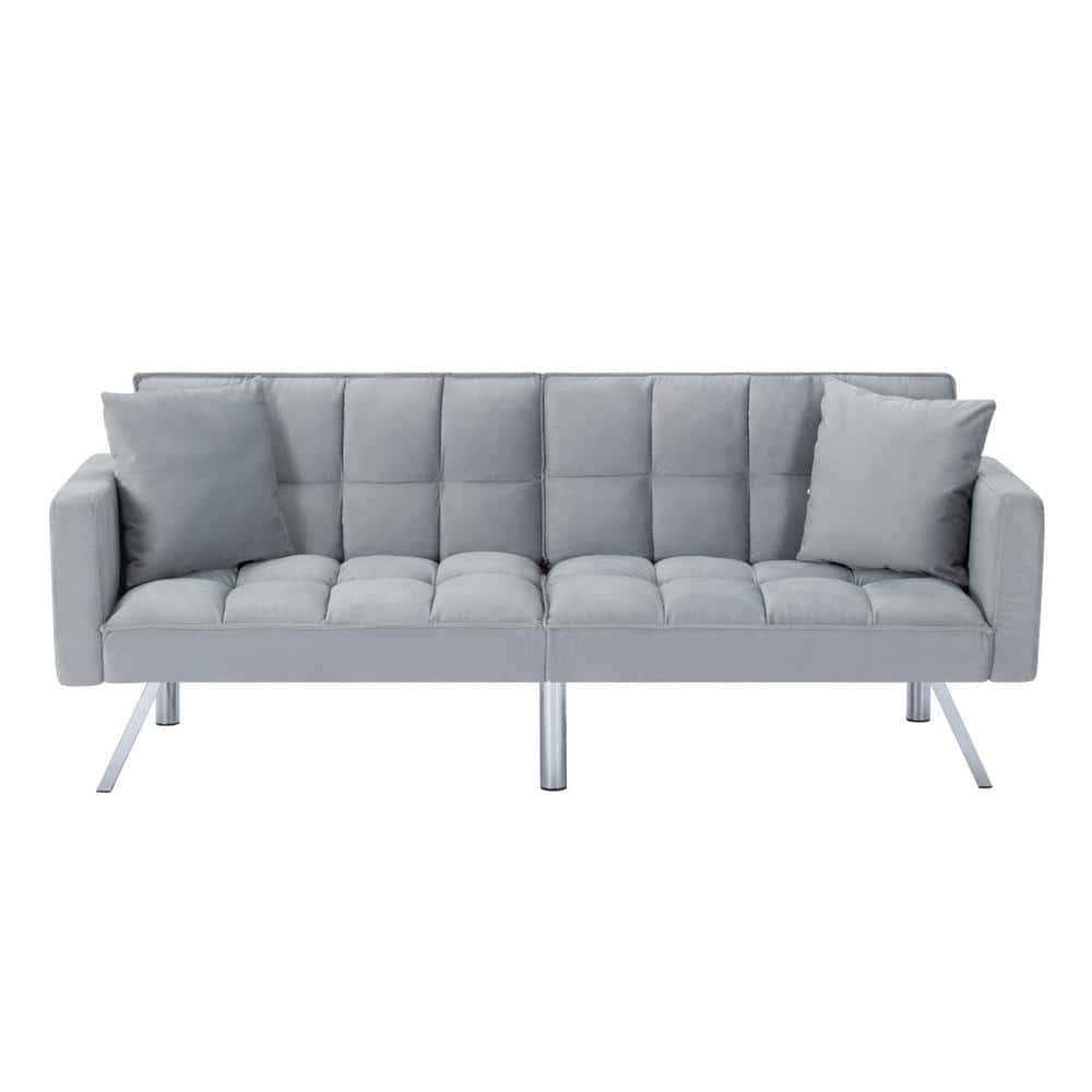 74 in. Light Gray Velvet Twin Size Sofa Bed