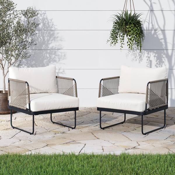Nathan James Isla Bohemian Patio Chair, Matte Black Metal Frame Outdoor Lounge Chair with White Cream Cushion (2-Pack)