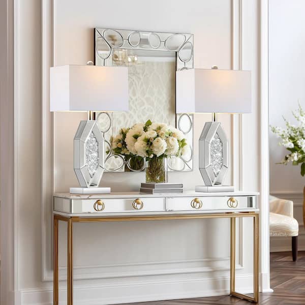 26 in. Silver Diamond Mirrored Bedside Table Lamps Set of 2 3-Way Dimmable Modern Lamps w/ USB A plus C Ports and 2-Bulb