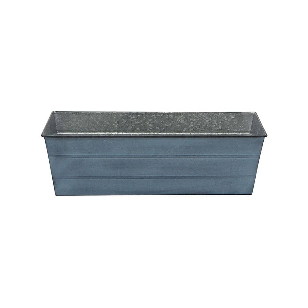 ACHLA DESIGNS 24 in. W Nantucket Blue Medium Galvanized Steel Flower Box Planter Available in 3-size options, these rectangular flower boxes have a rolled edge, embossed lines and a simple classic style. Made from Galvanized Steel, in 3 Patina finish colors, these planting containers will add curb appeal. Use them to create a lush container garden or urban balcony oasis. The Copper Plated Flower Boxes will develop warm natural patina over time that is a perfect complement to green foliage. Smallest pairs with Wall Mounted Bracket (SFB-01) Medium with Posy Flowerbox Bracket (VFB-05) Twist Flowerbox Bracket (B-06) and Wall-Mounted Bracket (SFB-02) and Largest pairs with Scrolls Bracket (B-32), Wall-Mounted Bracket (SFB-03) or Clamp-On Bracket (SFB-03C). Color: Blue.