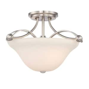 16 in. 2-Light Brushed Nickel Semi-Flush Mount with Etched White Glass Shade