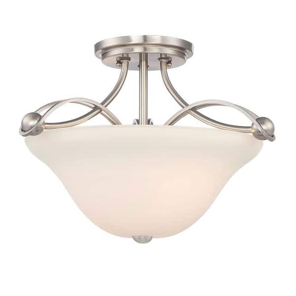 Home Decorators Collection 16 in. 2-Light Brushed Nickel Semi-Flush Mount with Etched White Glass Shade