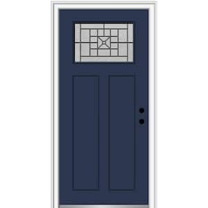 36 in. x 80 in. Courtyard Left-Hand 1-Lite Decorative Craftsman 2-Panel Painted Fiberglass Smooth Prehung Front Door