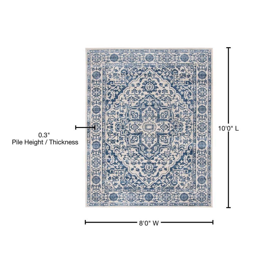 Navy and Light Grey Floral Border 8' x 10' Area Rug