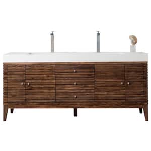 Linear 72.5 in. W x 19 in.D x 34.3 in.H Double Bath Vanity in Mid Century Walnut with Solid Surface Top in Glossy White