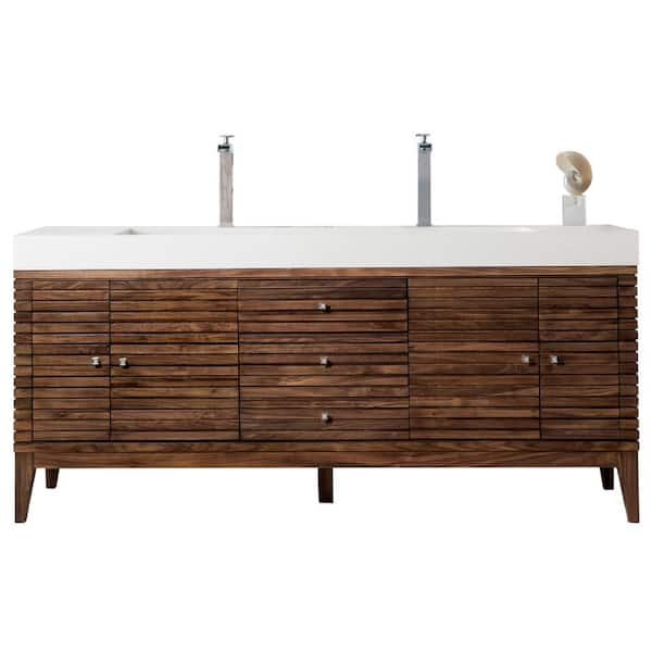 James Martin Vanities Linear 72.5 in. W x 19 in.D x 34.3 in.H Double Bath Vanity in Mid Century Walnut with Solid Surface Top in Glossy White