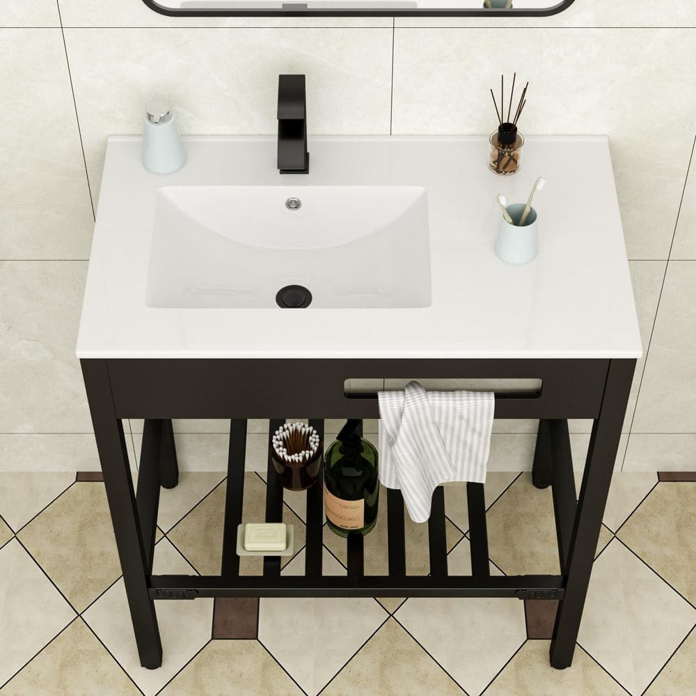 32 in. Ceramic Rectangular Bathroom Console Sink in White with Black Legs price history on PriceWatchPro