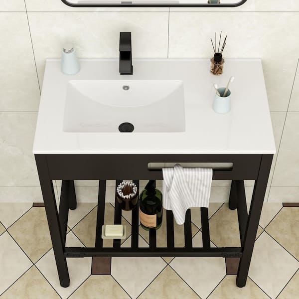 32 in. Ceramic Rectangular Bathroom Console Sink in White with Black Legs