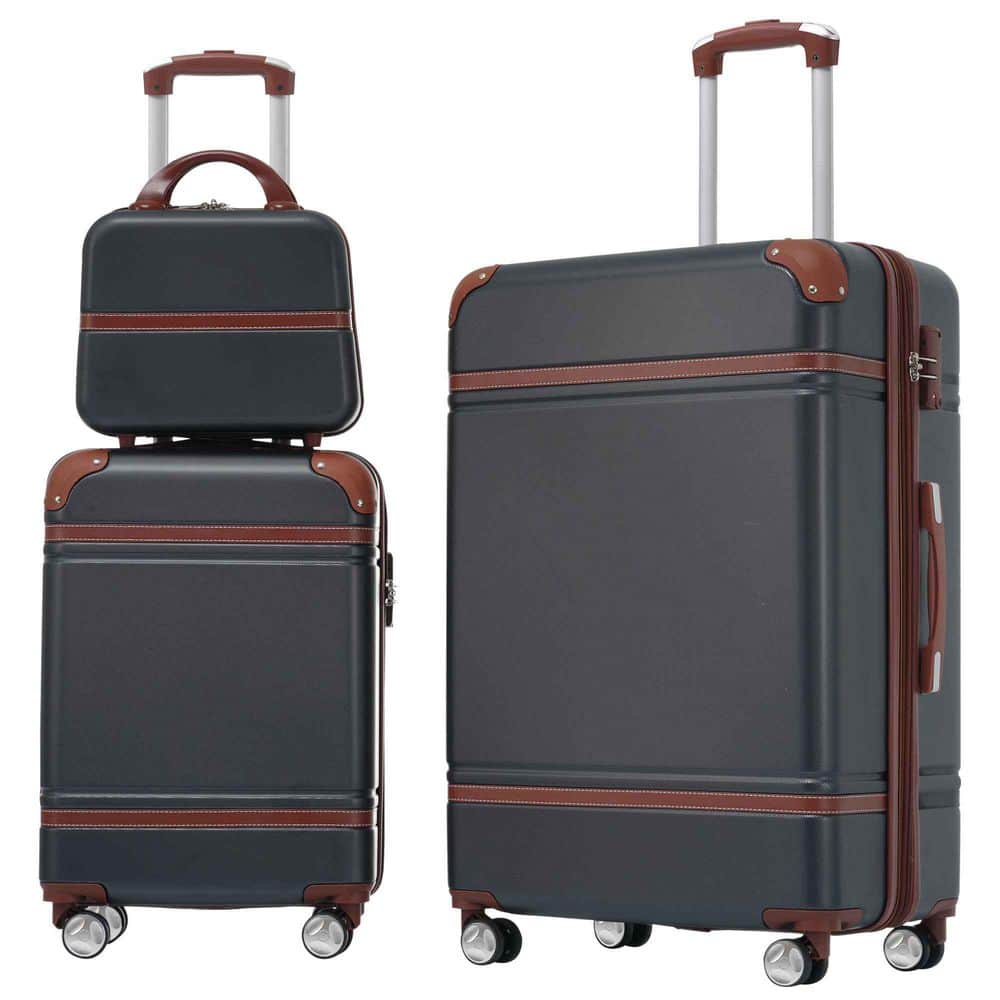 3 Piece Black Hardshell and Cosmetic Case Spinner Luggage Set with TSA Lock Lightweight