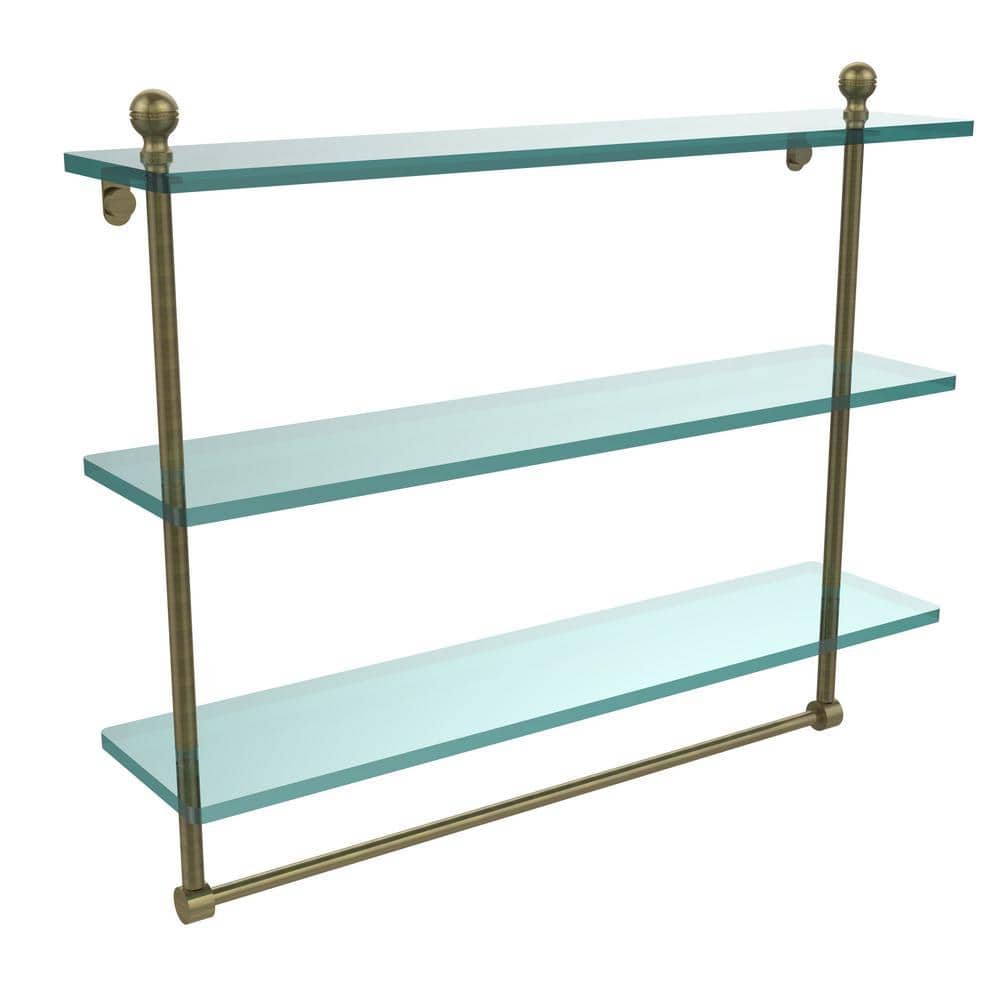 Allied Brass Mambo 22 in. L x 18 in. H x 5 in. W 3-Tier Clear Glass Bathroom Shelf with Towel Bar in Antique Brass