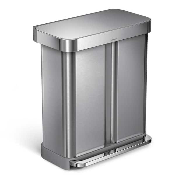simplehuman 58 L (15 Gal.) Rectangular Dual Compartment Step Kitchen Trash Can Recycler - Stainless Steel