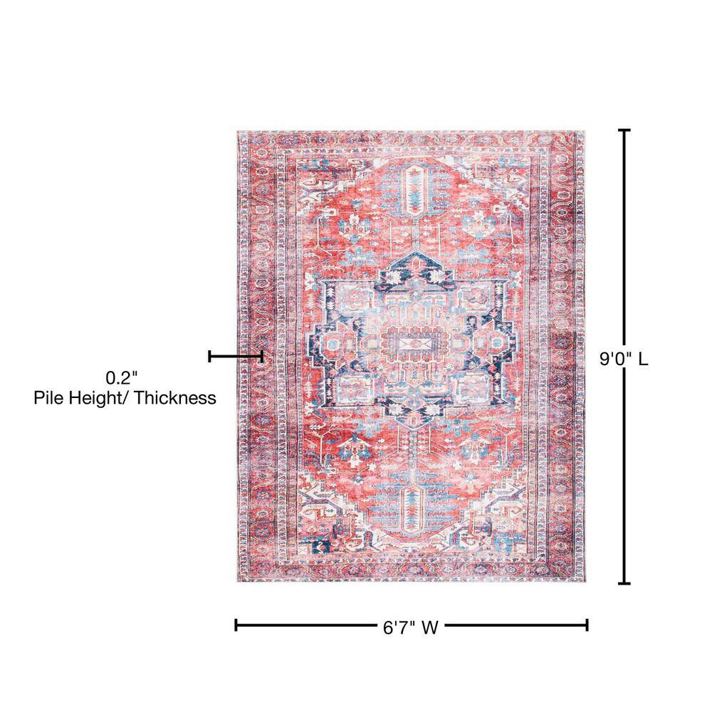 Serapi Red and Navy 6'7" x 9' Machine Washable Viscose Area Rug