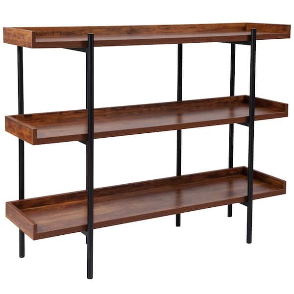 Black/Brown 35 in. Rustic Wood Grain Open-Style 3-Shelf Display Unit, Standard Bookcase with 3 Shelves and Open Sides