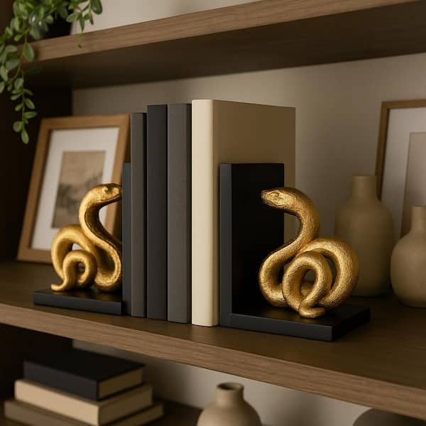 Black 5 in. x 6 in. Resin Novelty Solid Coiled Snake Bookends (Set of 2)