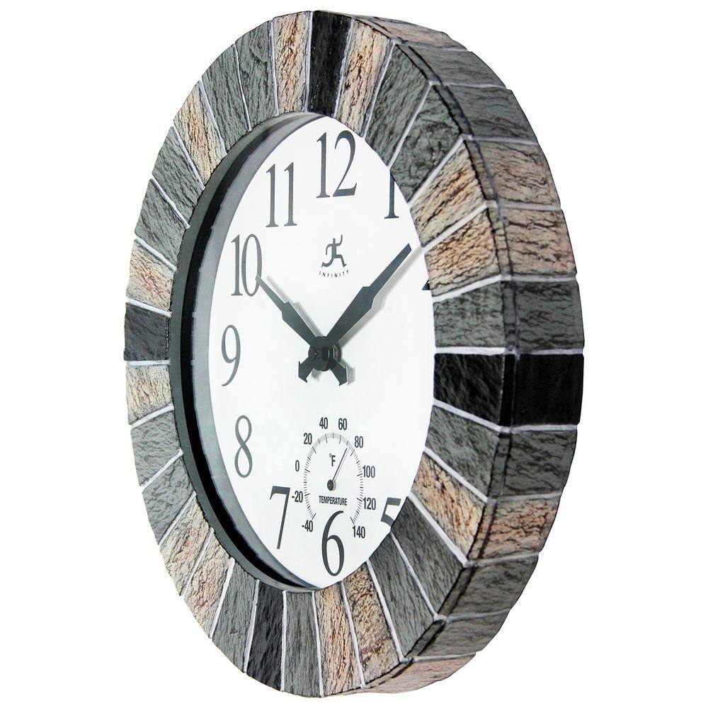 13" Faux Slate Frame Indoor/Outdoor Wall Clock with Thermometer