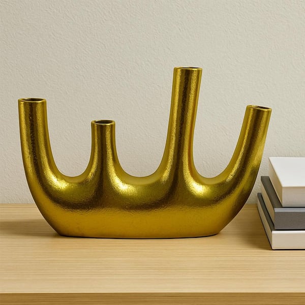 13 in. Abstract 4-fingers Decorative Metal Sculpture in Gold