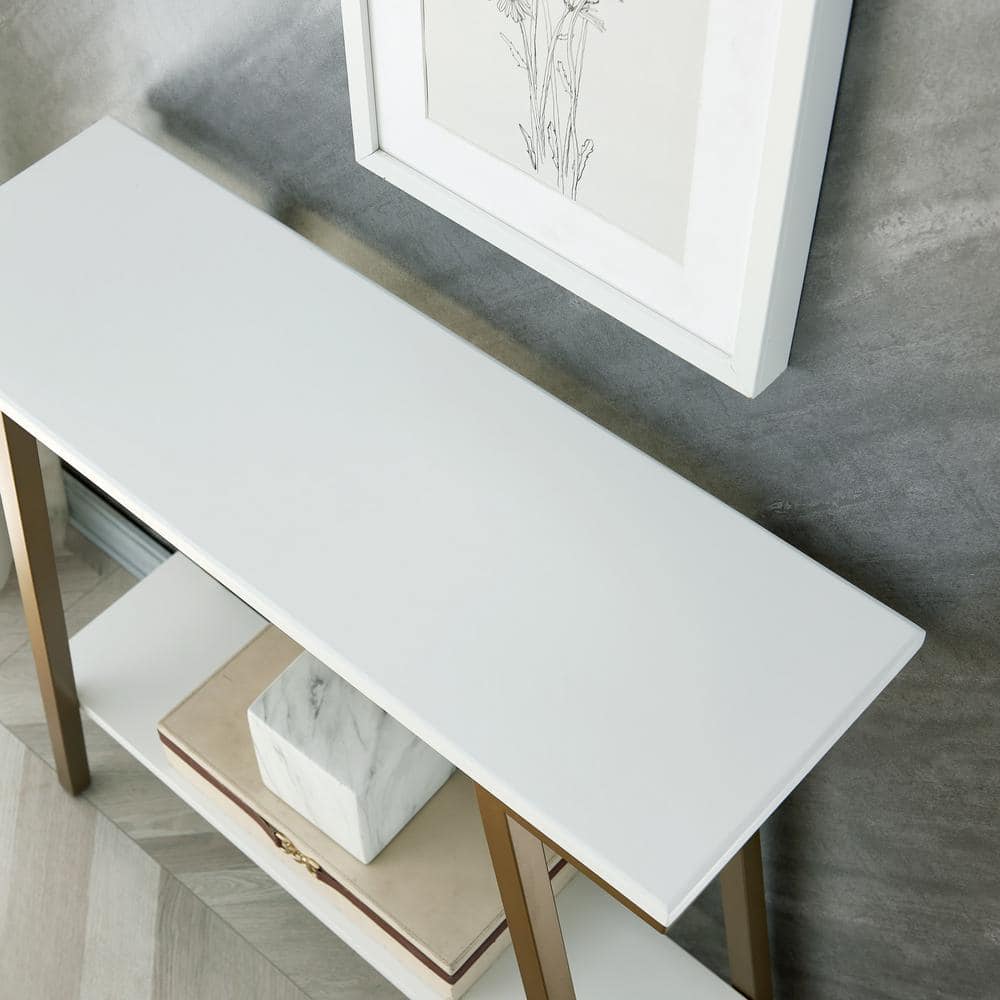 White Wood and Gold Metal Console Table with Storage